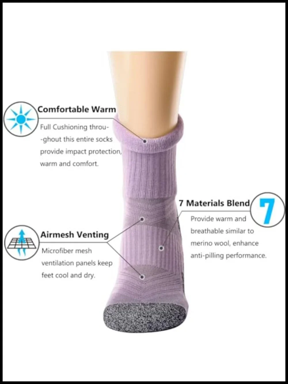 Cushioned Hiking Crew Socks, Moisture Wicking, Arch Compression, 3 Pairs